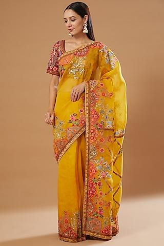 yellow organza saree set