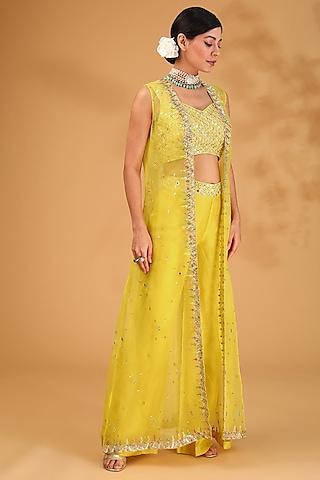 yellow organza sequin embellished cape set