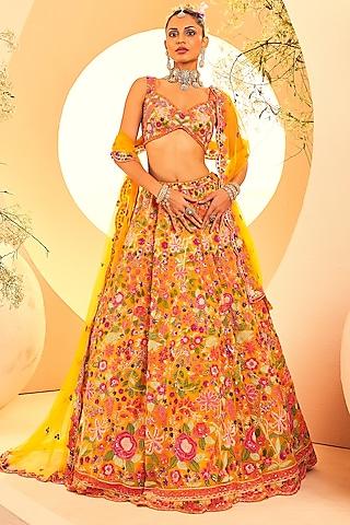 yellow organza sequins & cutdana embroidered lehenga set