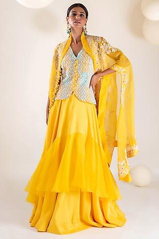 yellow organza thread & pearl hand embellished cape set