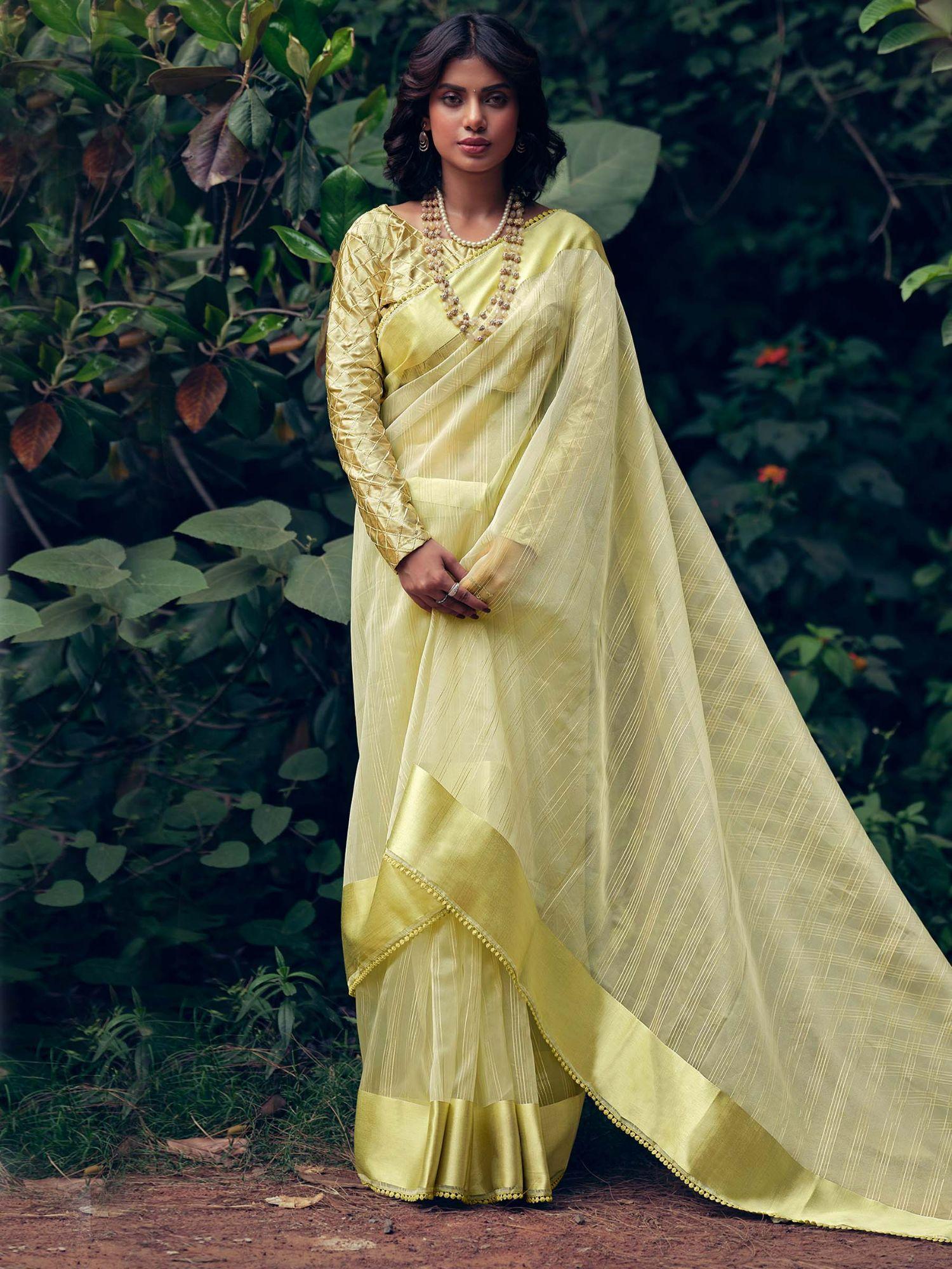 yellow organza woven saree with unstitched blouse