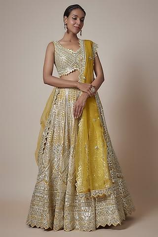 yellow organza zari & mirror embroidered lehenga set