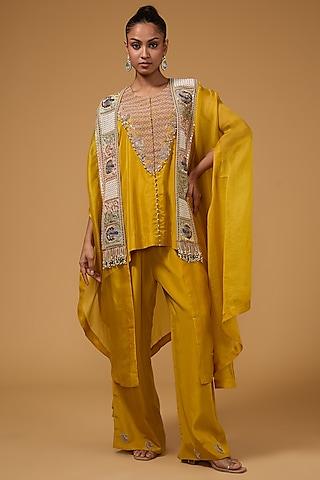yellow organza zari embroidered cape set