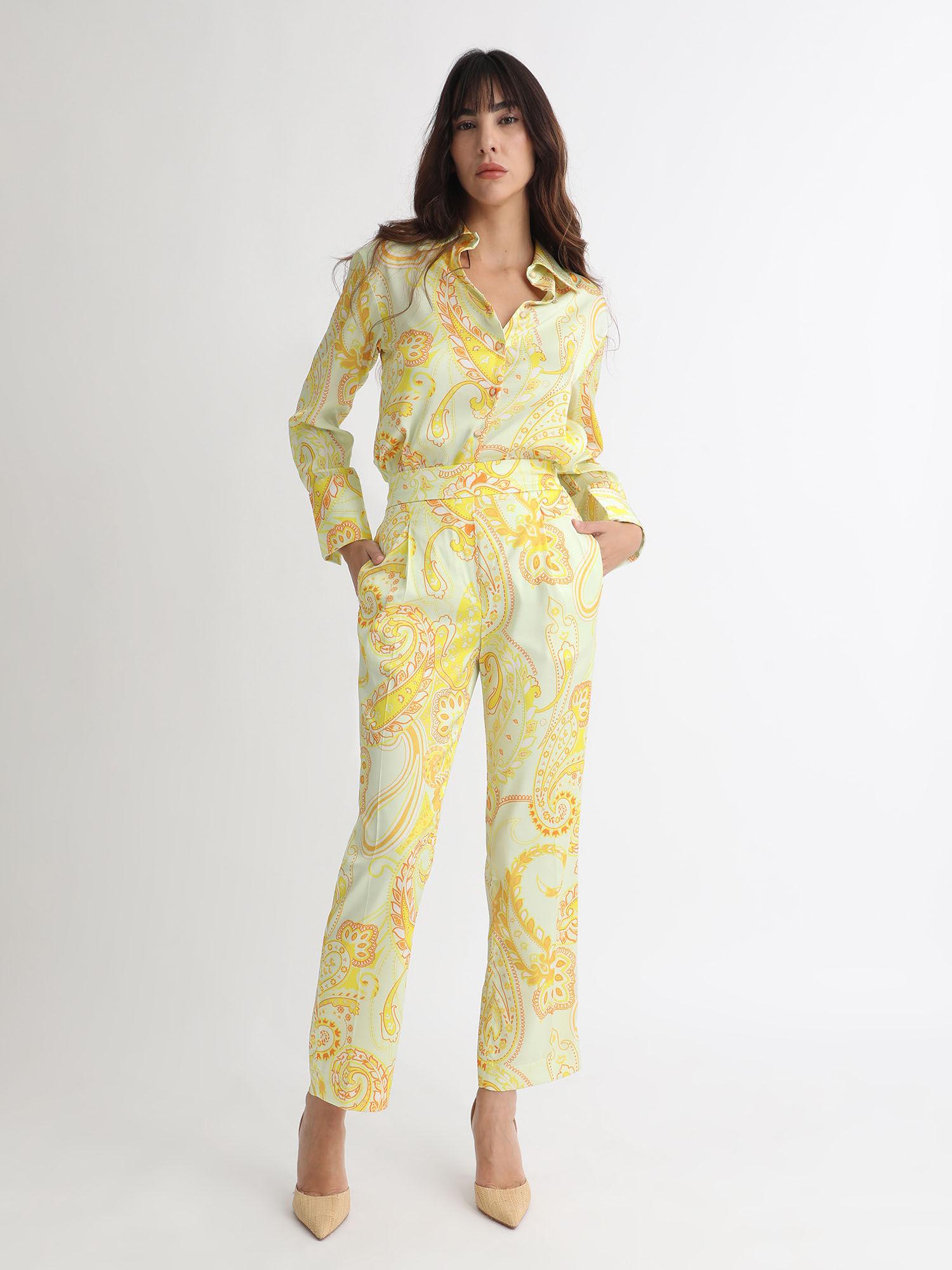 yellow paisley print mid rise trousers