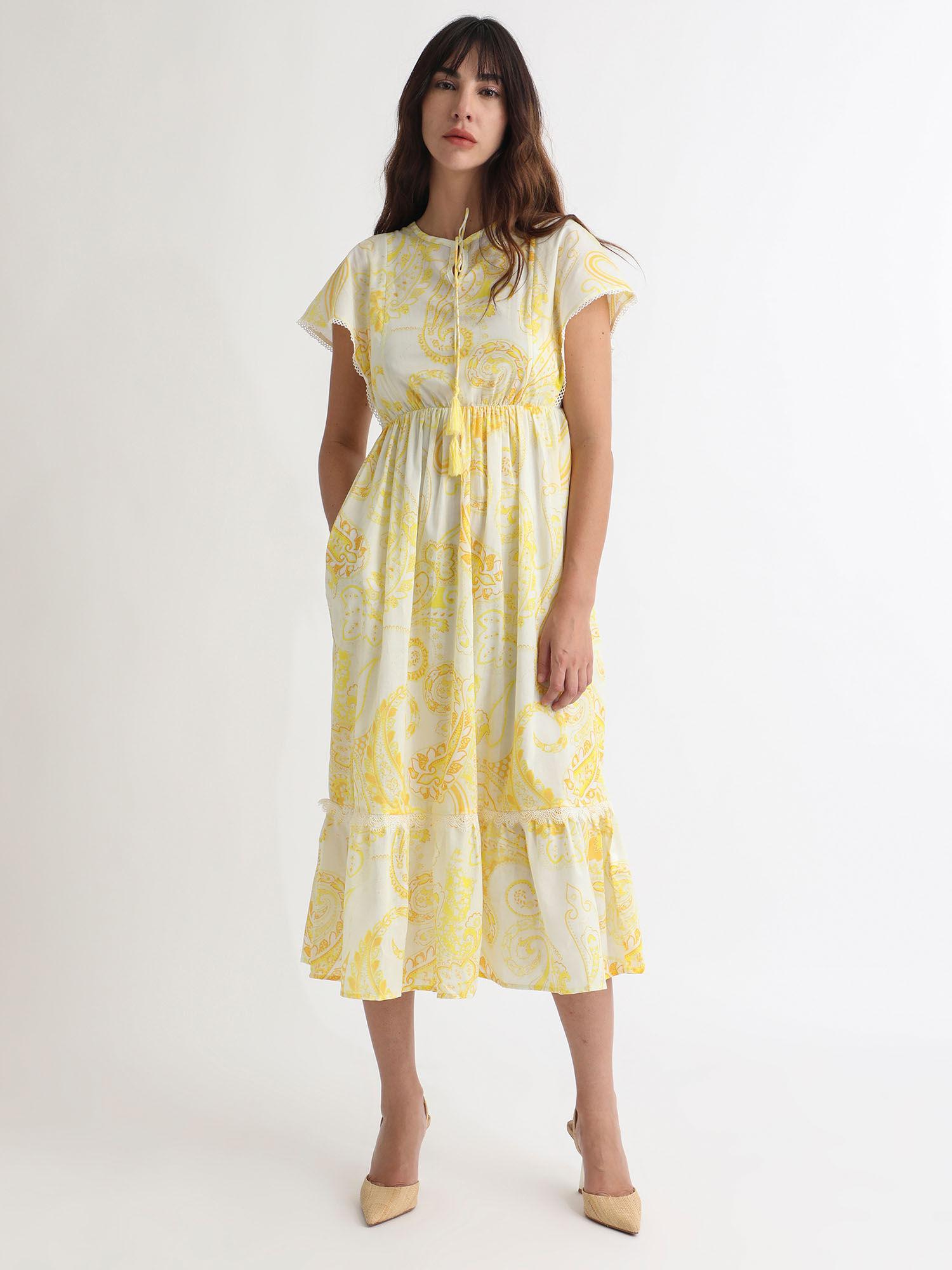 yellow paisley print tiered midi dress