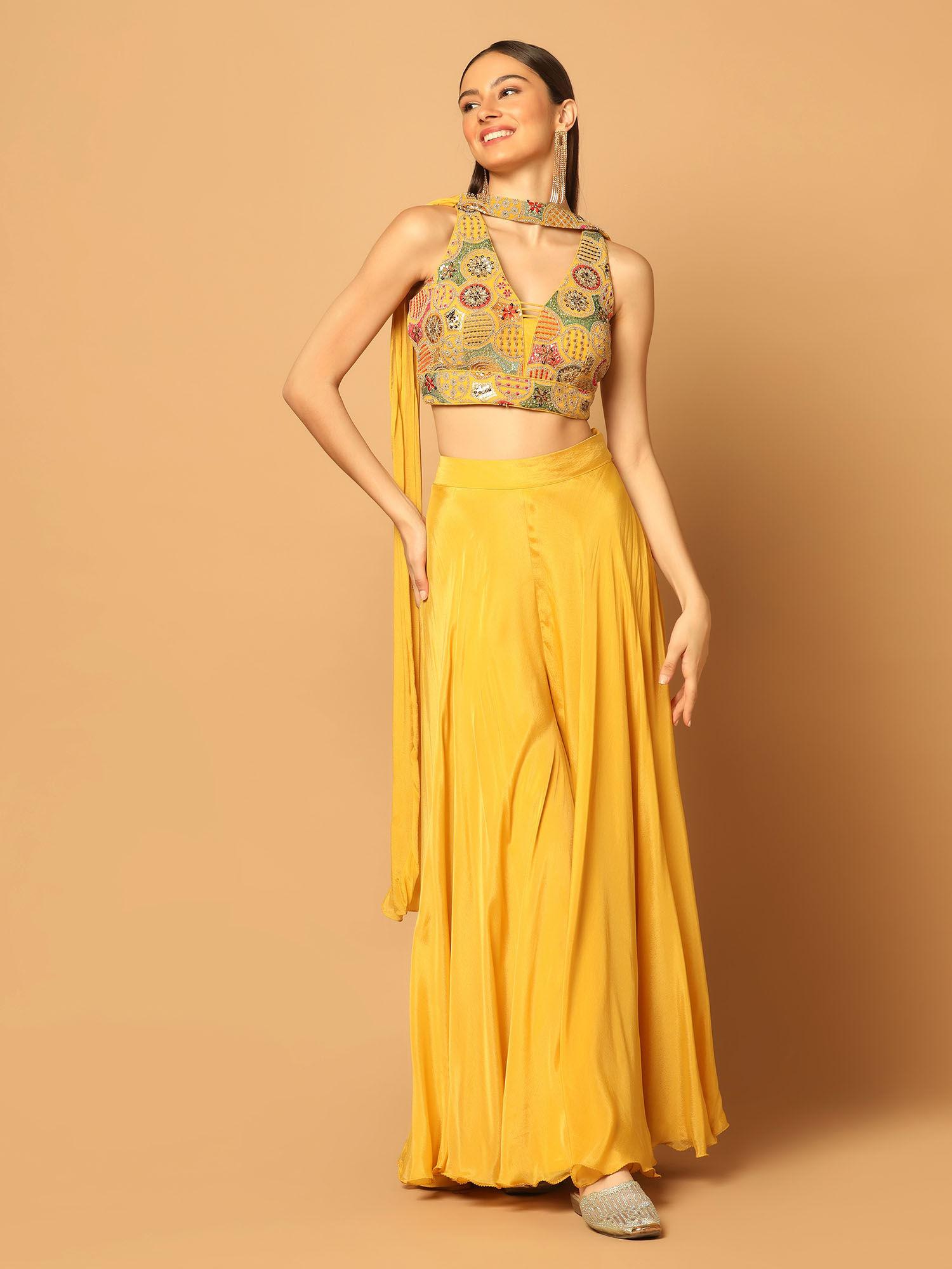 yellow palazzo set with blouse and dupatta (set of 3)