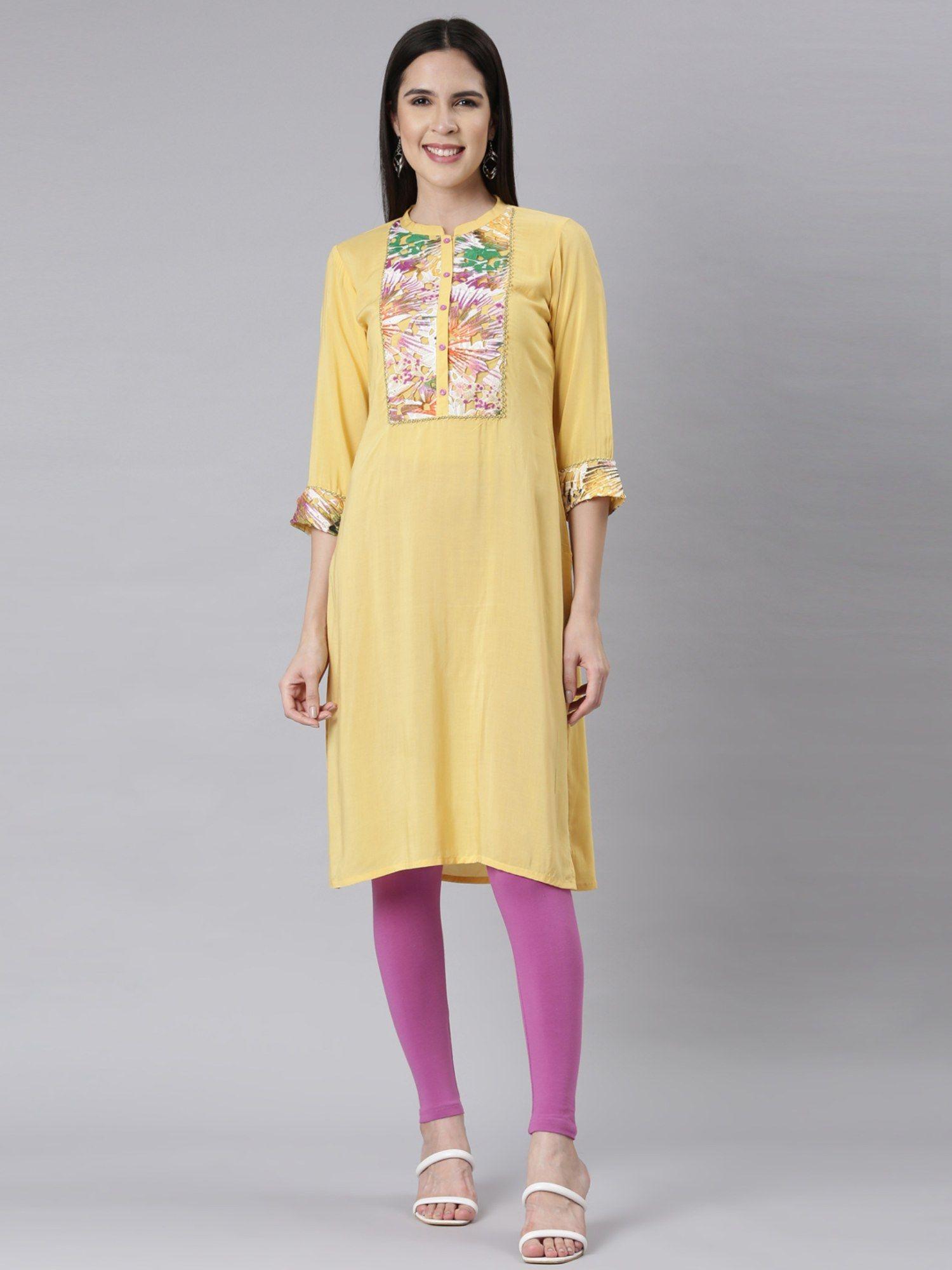 yellow panelled straight embellished kurta