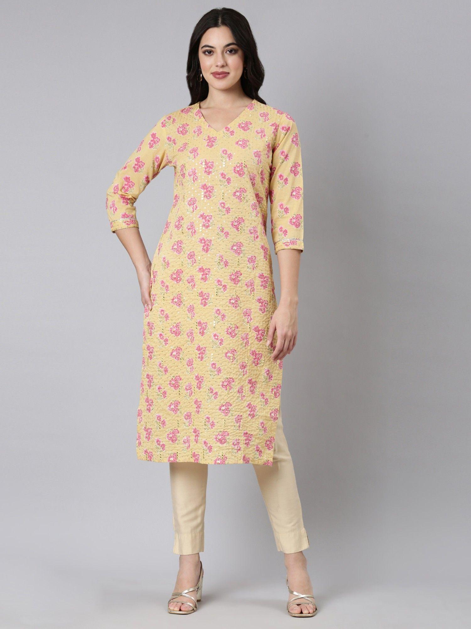 yellow panelled straight floral kurta