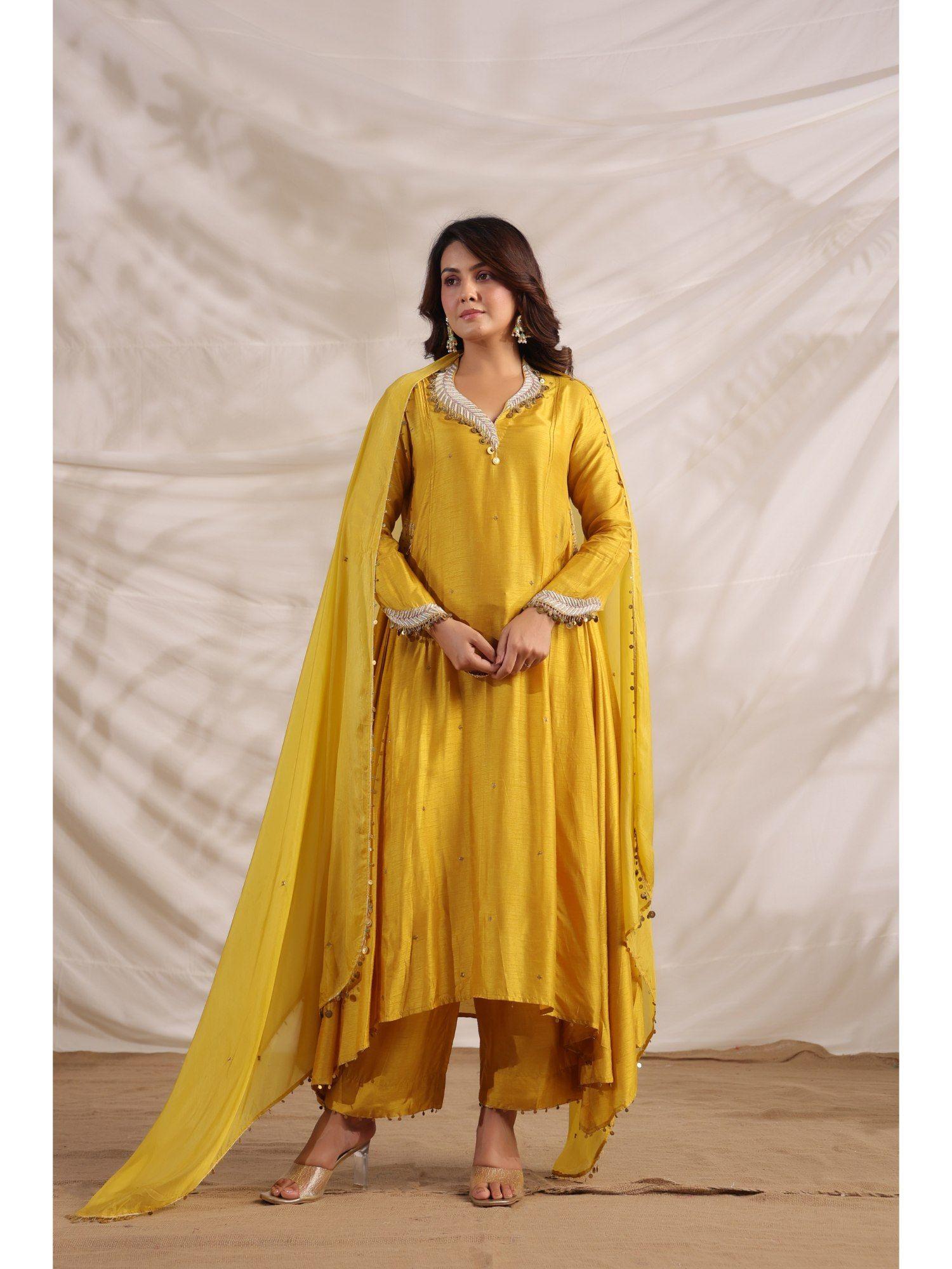 yellow pankh anarkali embroidered kurta (set of 3)