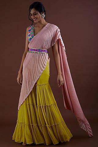 yellow pant saree set in viscose georgette