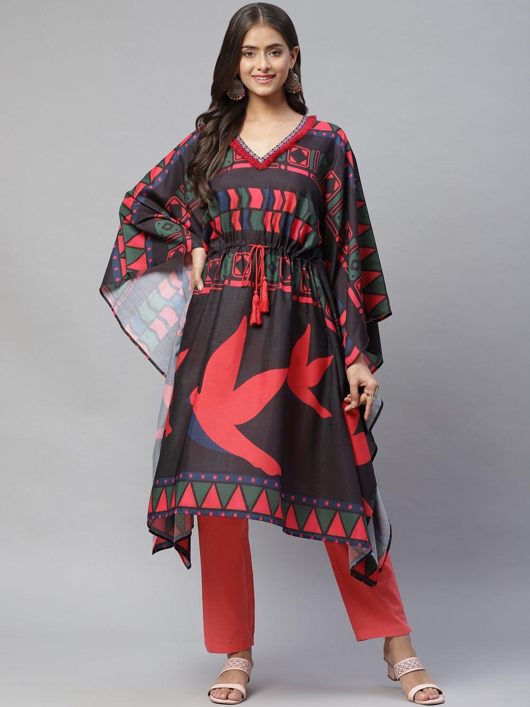 yellow parrot women black & red printed kaftan kurta