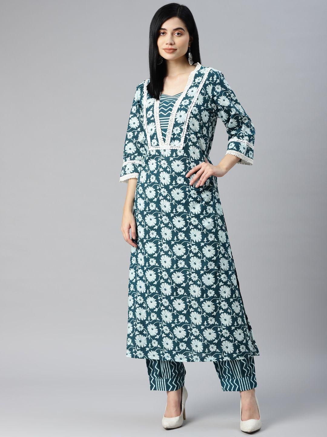 yellow parrot women blue & white ethnic motifs printed pure cotton kurta with trousers