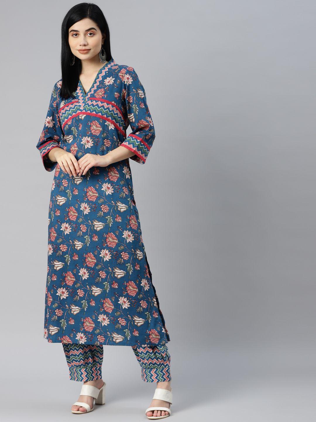 yellow parrot women blue ethnic motifs printed pure cotton kurta with trousers