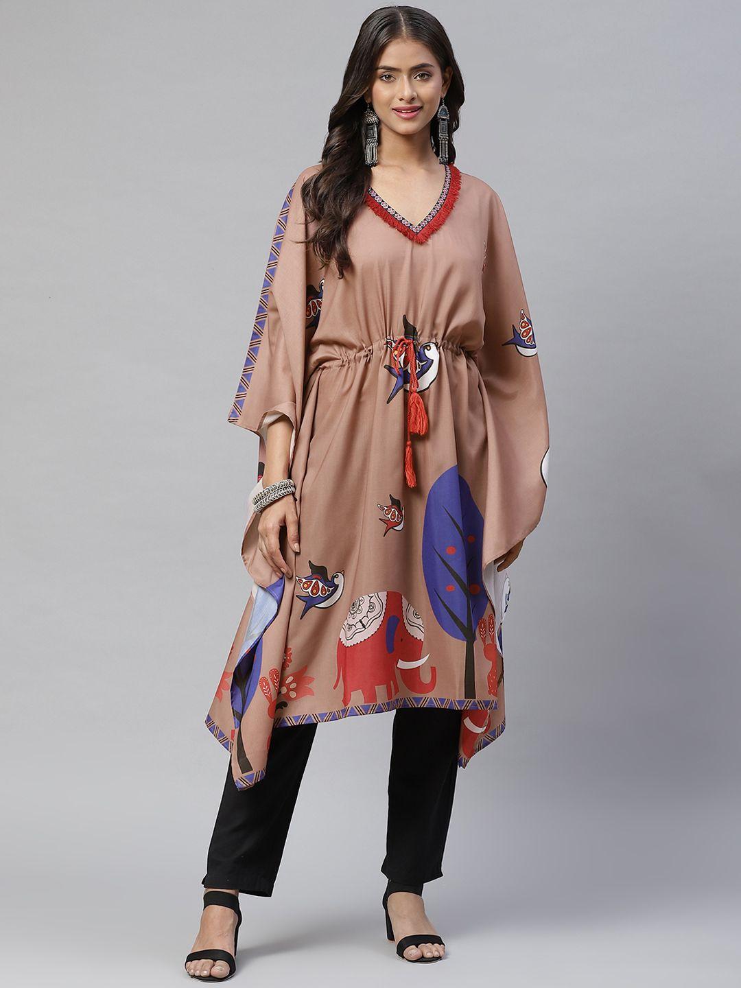 yellow parrot women brown & blue printed kaftan kurta