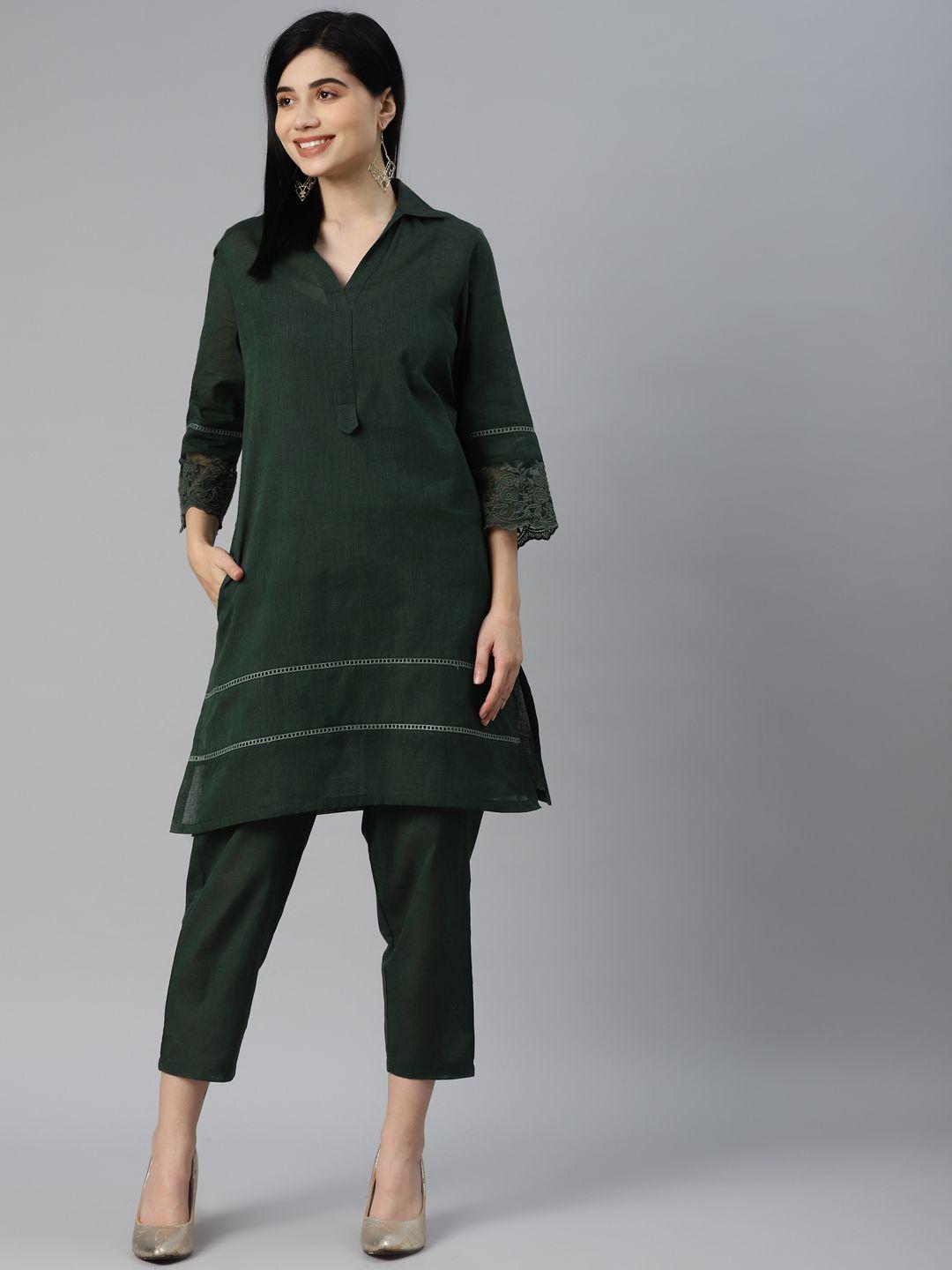 yellow parrot women green solid pure cotton kurta with trousers