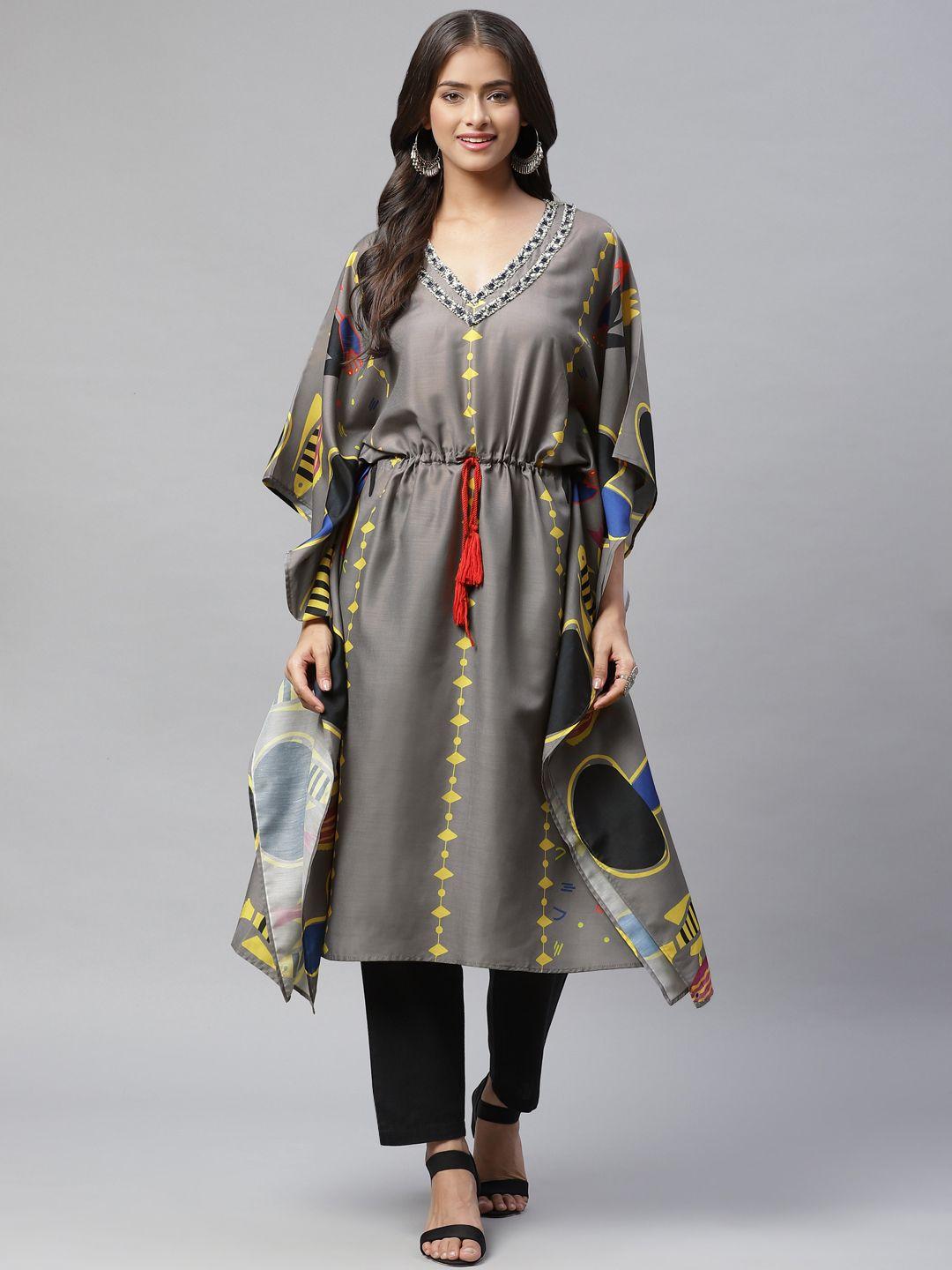 yellow parrot women grey & yellow printed kaftan kurta