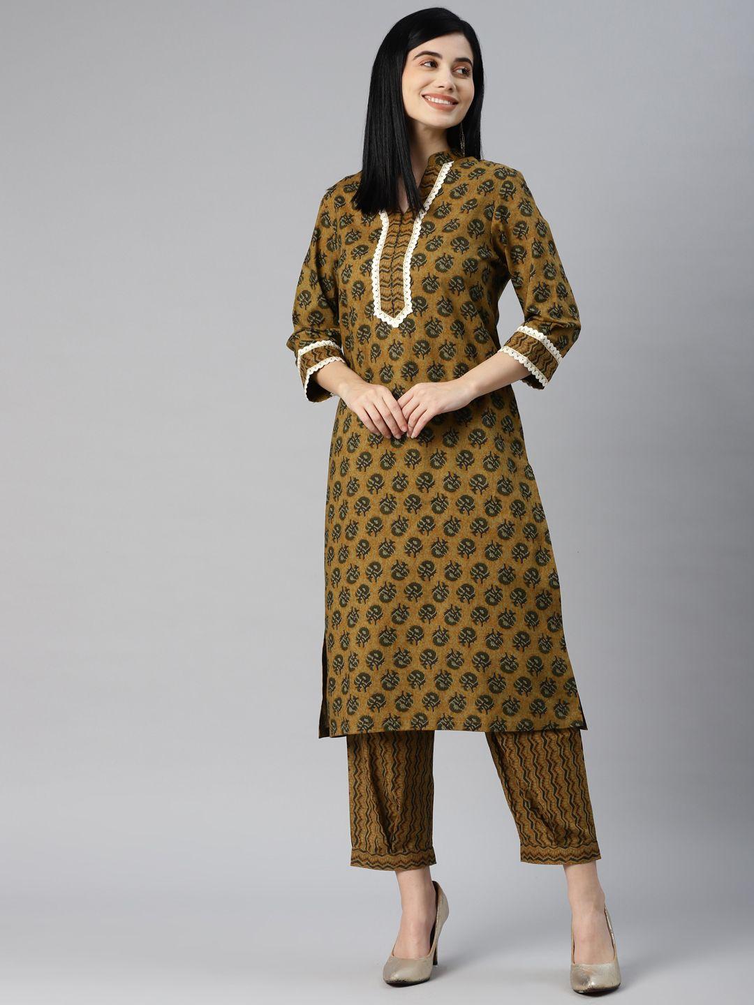 yellow parrot women mustard brown printed gotta patti pure cotton kurta with trousers