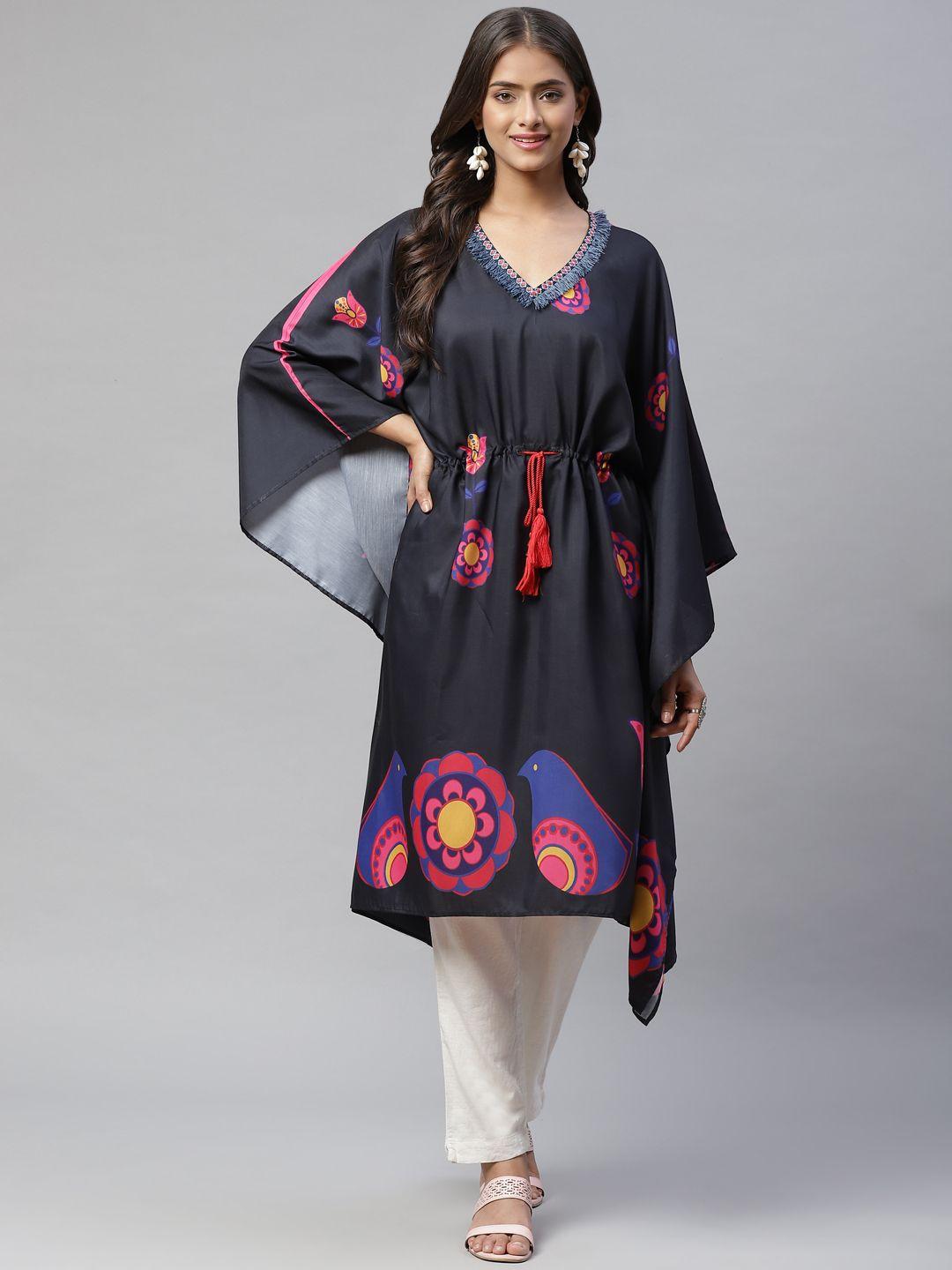 yellow parrot women navy blue & red printed kaftan kurta