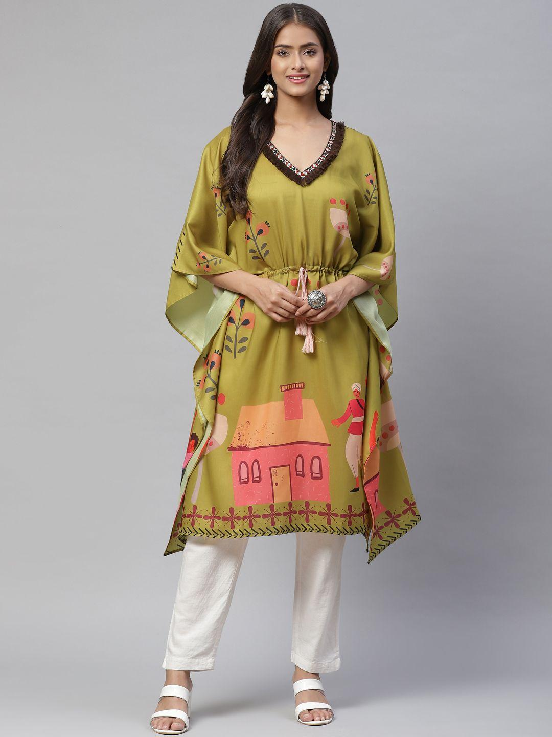 yellow parrot women olive green & peach-coloured ethnic motifs printed flared sleeves kaftan kurta