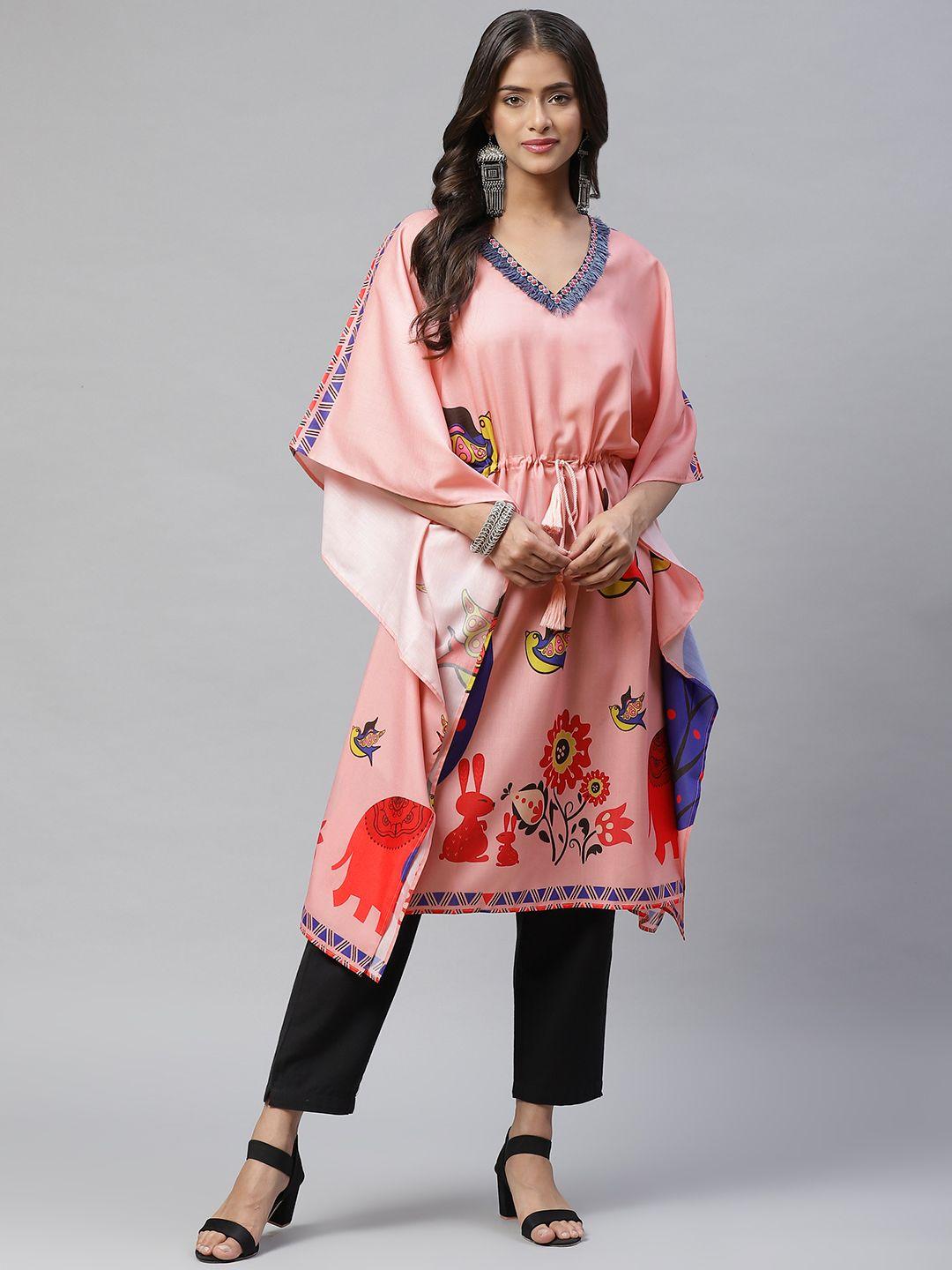 yellow parrot women pink & orange printed kaftan kurta