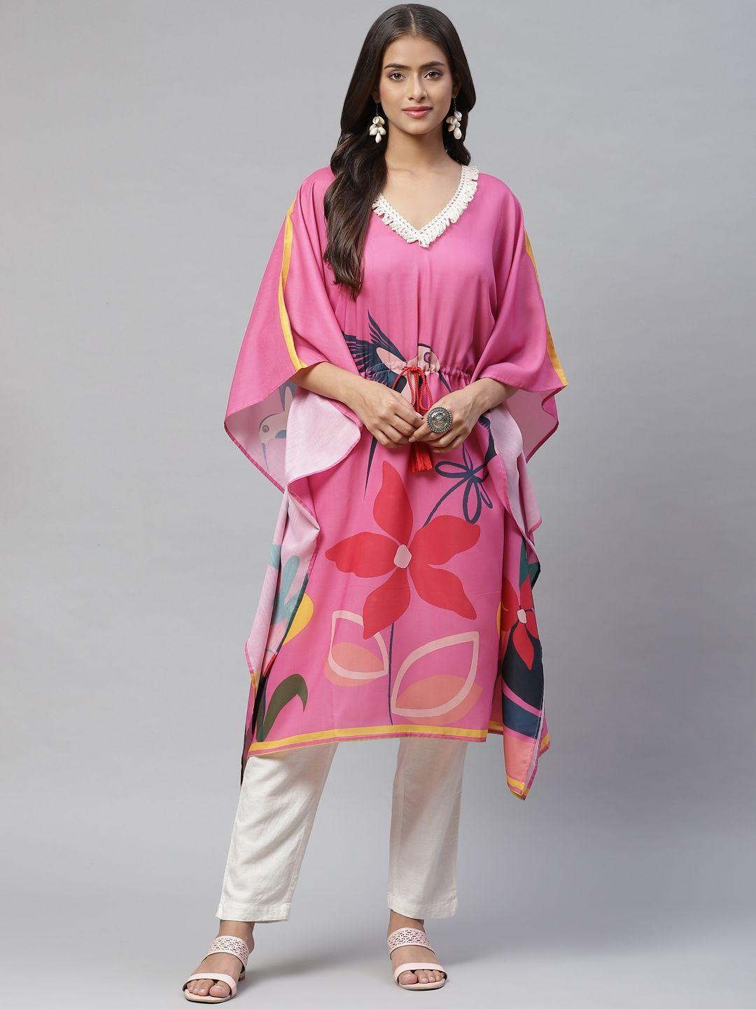 yellow parrot women pink & white printed kaftan kurta