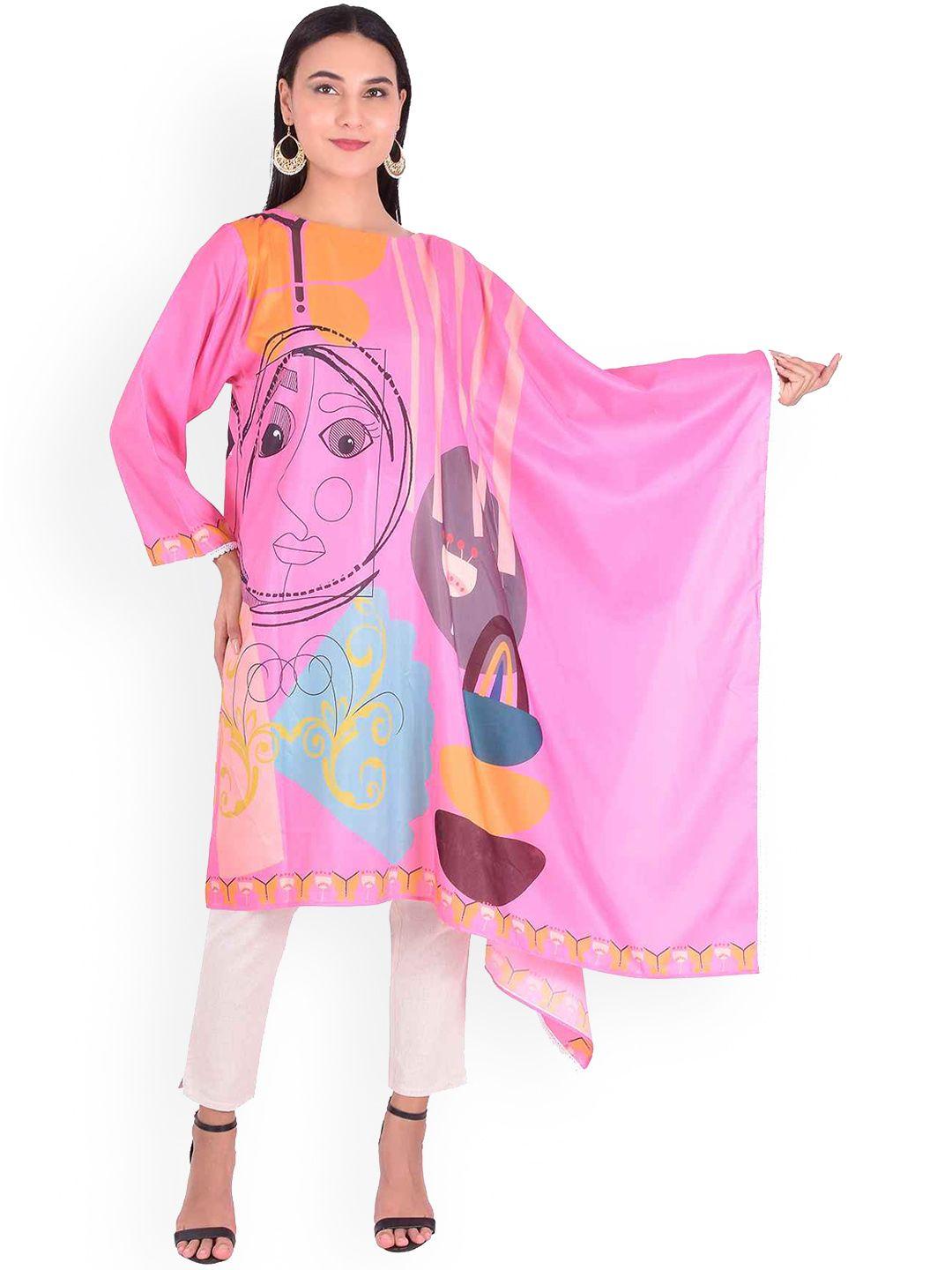 yellow parrot women pink printed half kaftan kurta