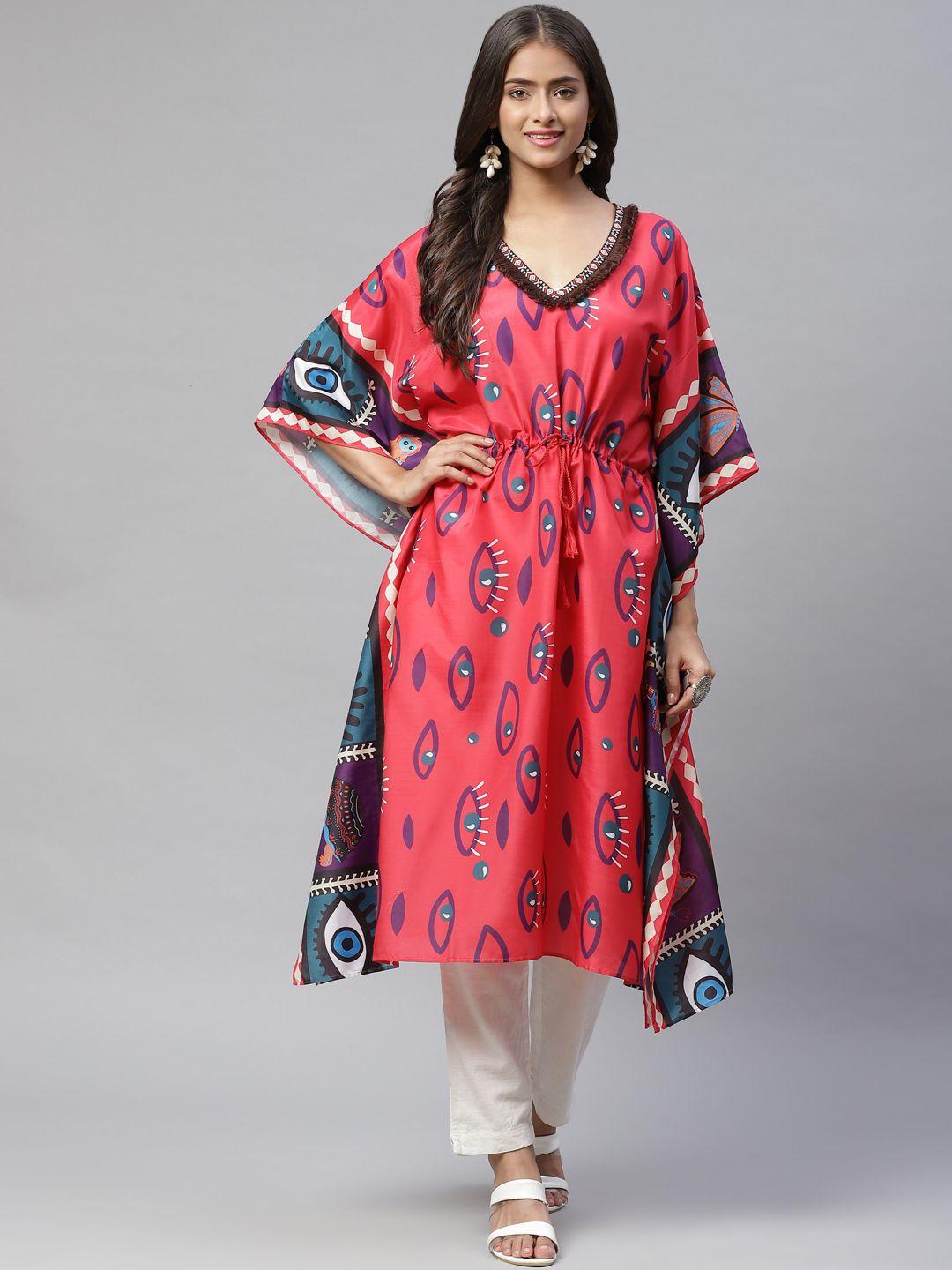 yellow parrot women red & blue printed kaftan kurta