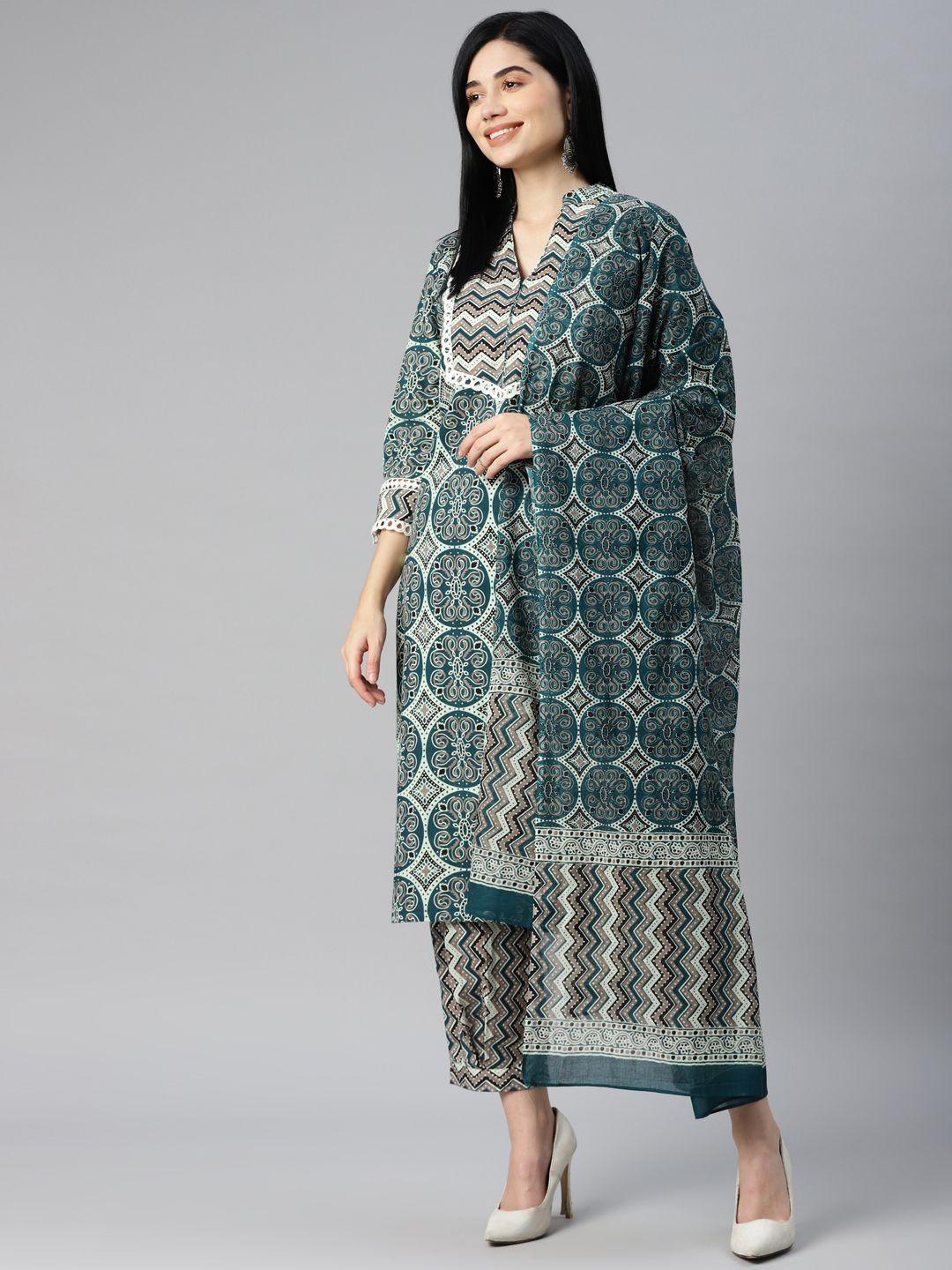 yellow parrot women teal blue printed pure cotton kurta with trousers & dupatta