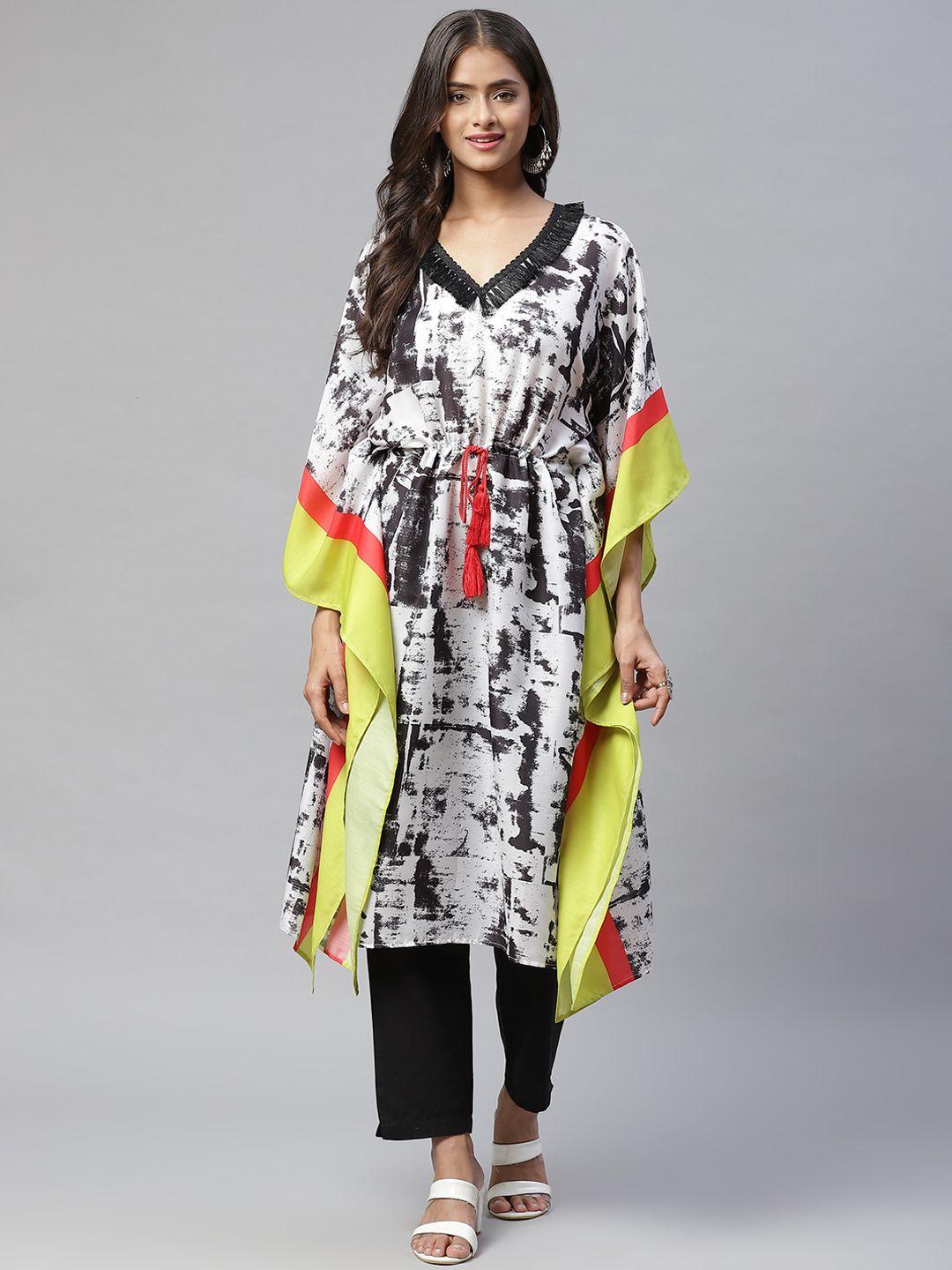 yellow parrot women white & black printed kaftan kurta