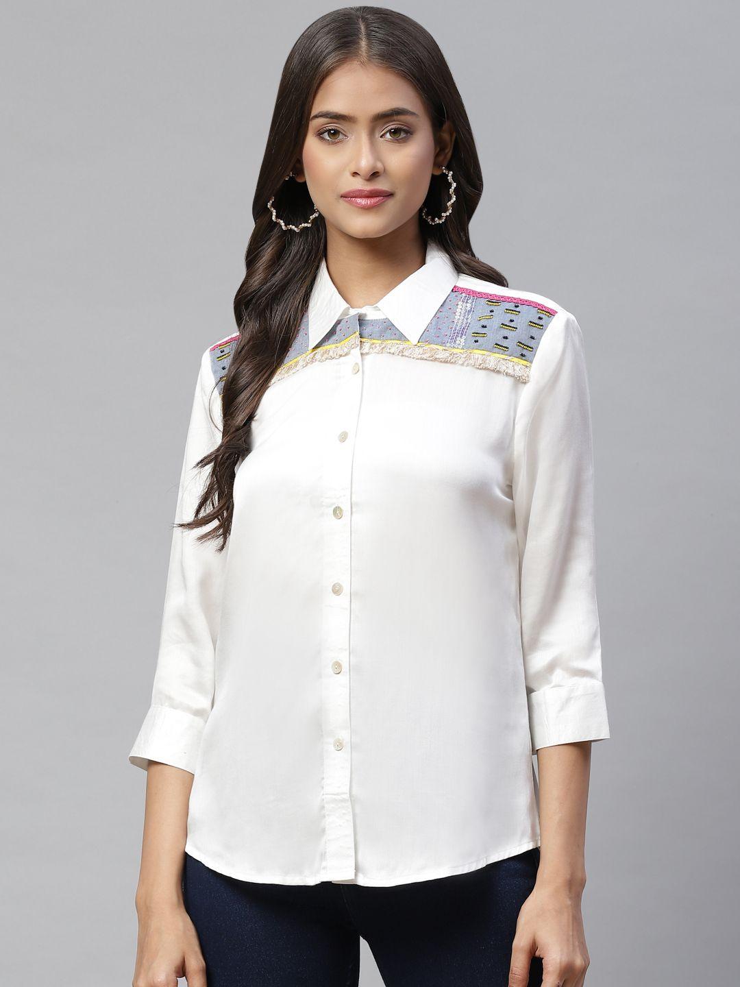 yellow parrot women white embellished pure cotton casual shirt