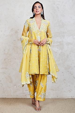 yellow parsi gara embroidered short anarkali set