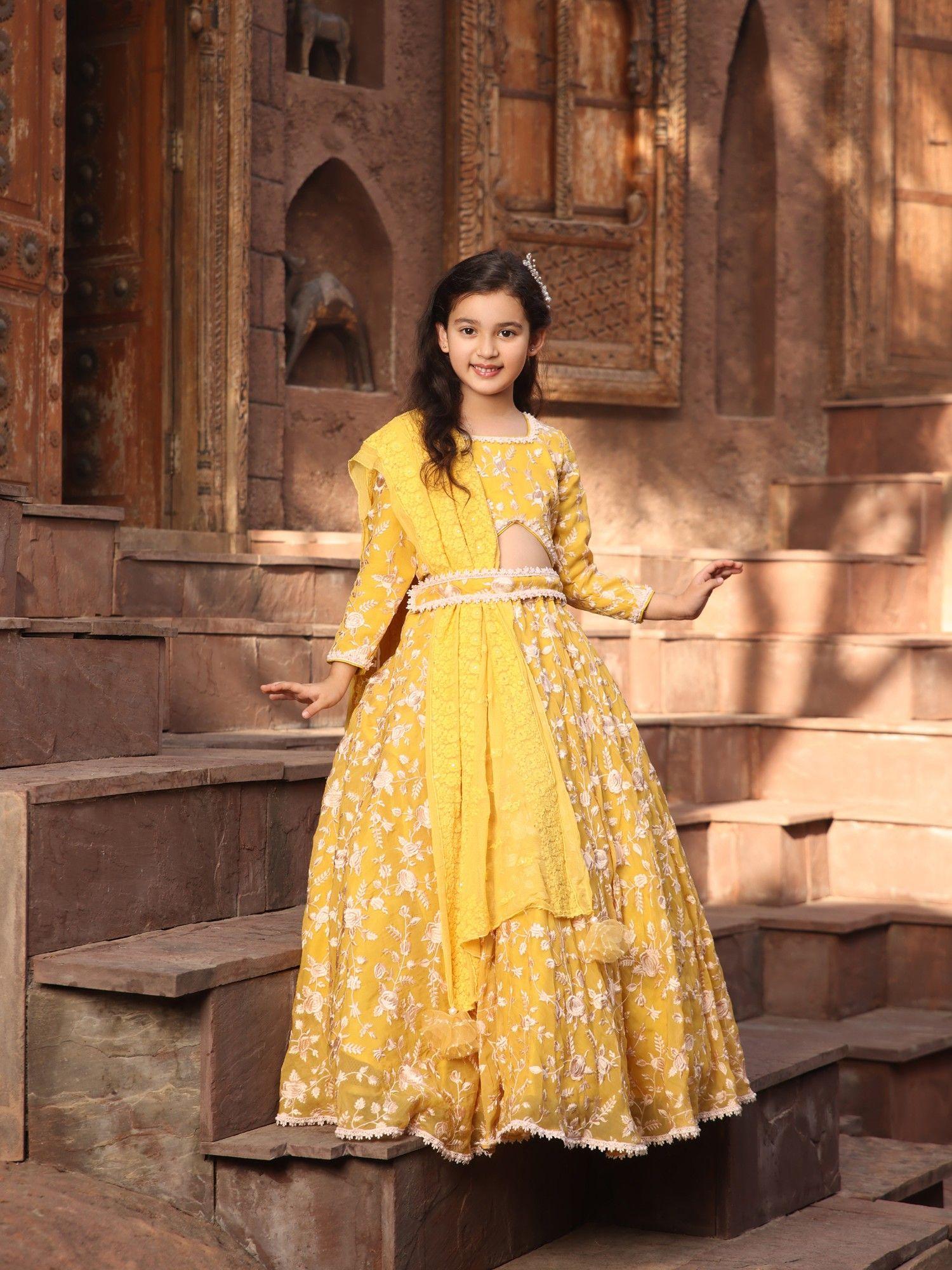 yellow parsi work lehenga with choli and dupatta (set of 3)