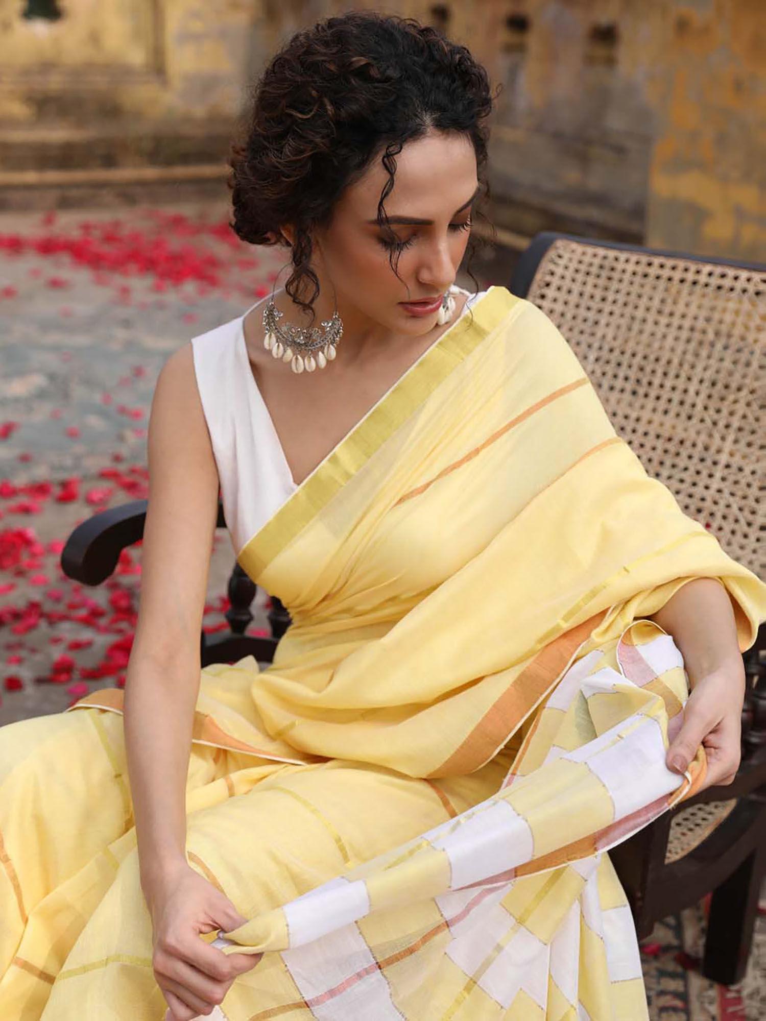 yellow party wear saree with unstitched blouse