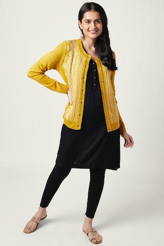 yellow patterned winter wear full sleeves round neck women regular fit cardigan