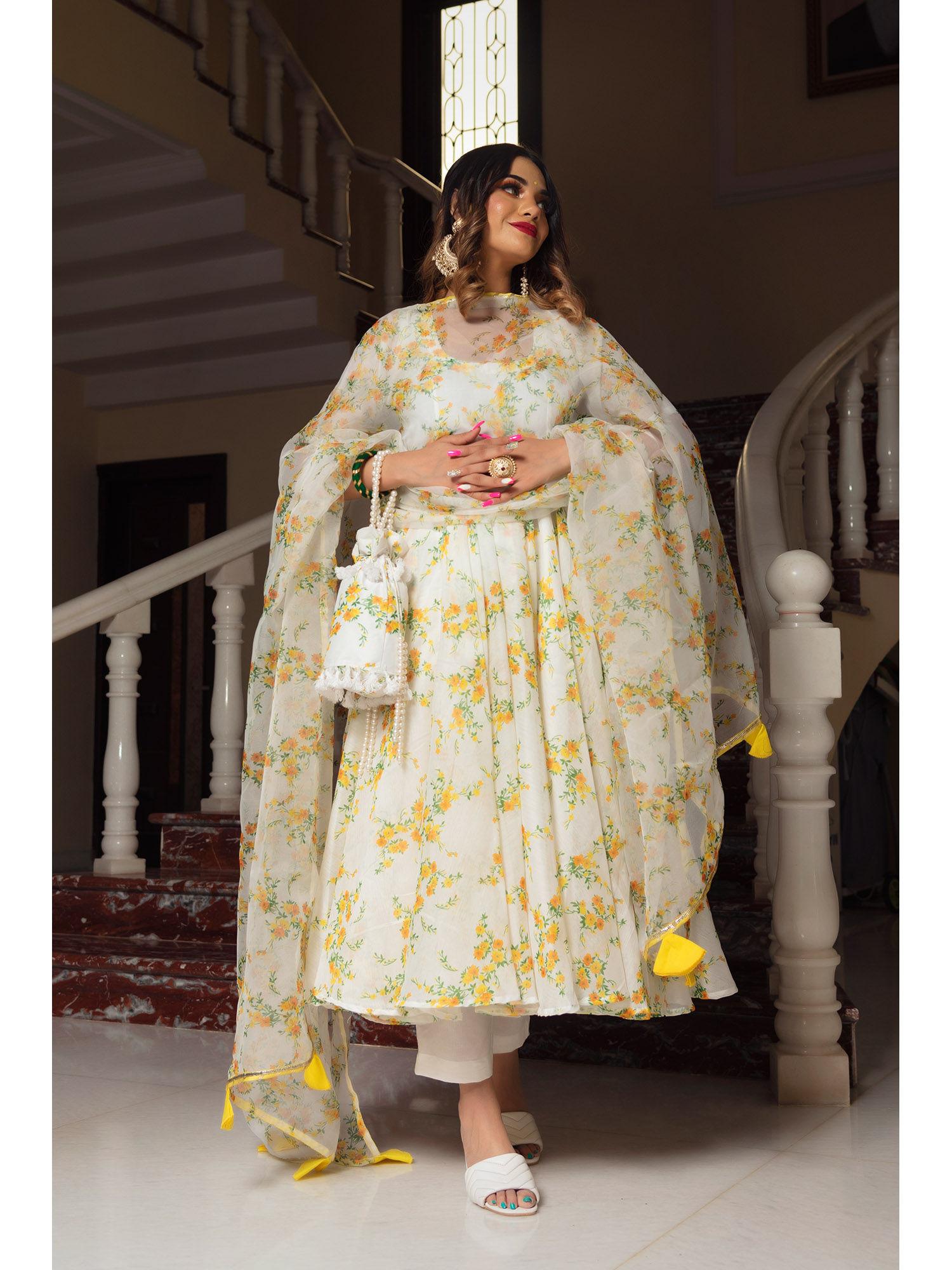 yellow phool organza anarkali (set of 3)