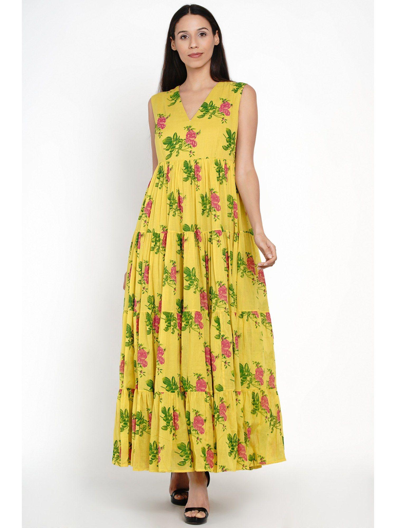 yellow phool patti floral maxi dress