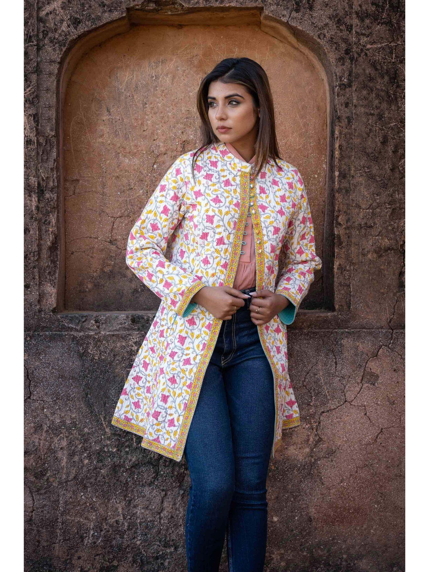 yellow pink block printed quilted coat