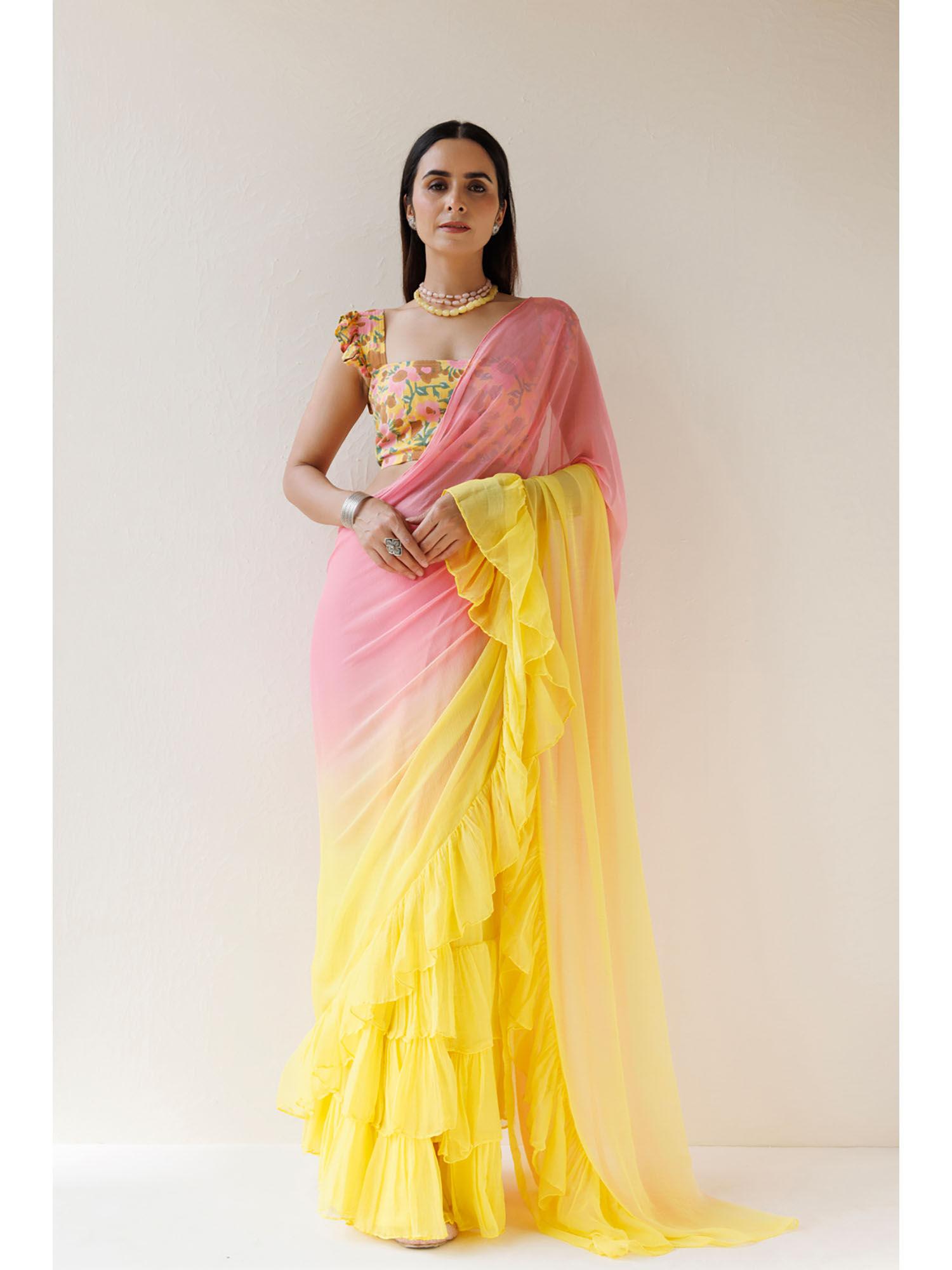 yellow pink pleated ombre chiffon saree with unstitched blouse