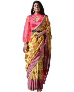 yellow-pink soft silk banarasi handloom saree saree
