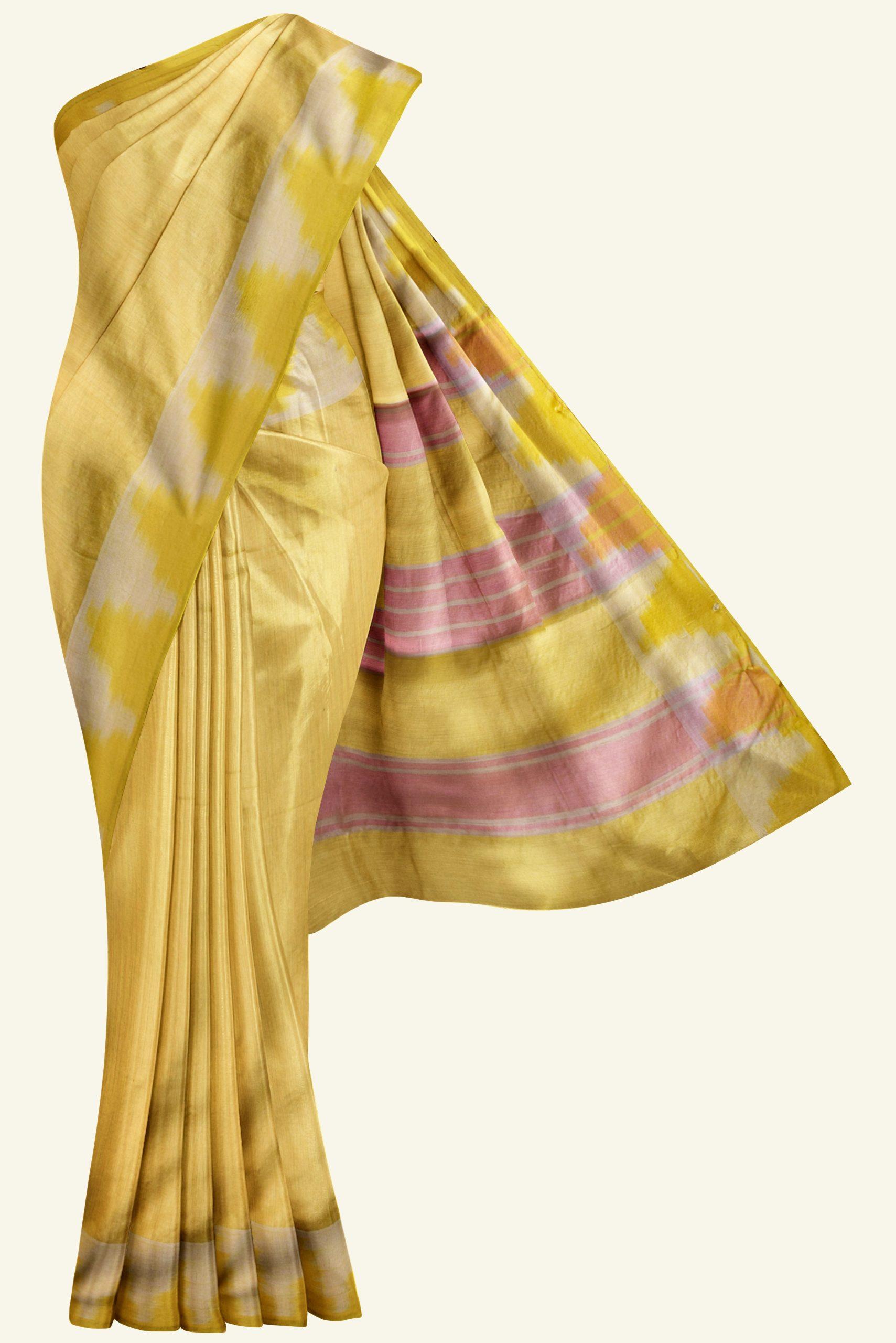 yellow plain tussar silk saree