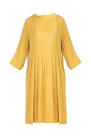 yellow pleated knee length dress