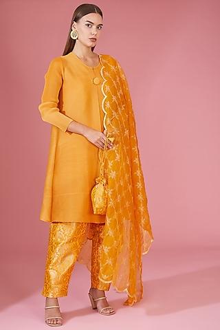 yellow pleated polyester a-line tunic set