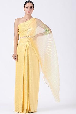 yellow pleated satin draped saree set