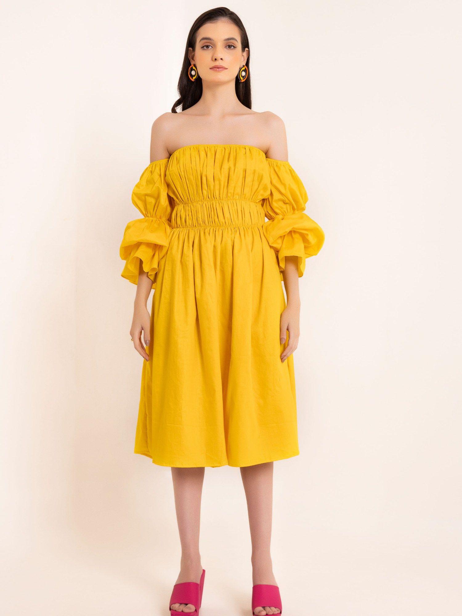 yellow pleated volume sleeves midi dress