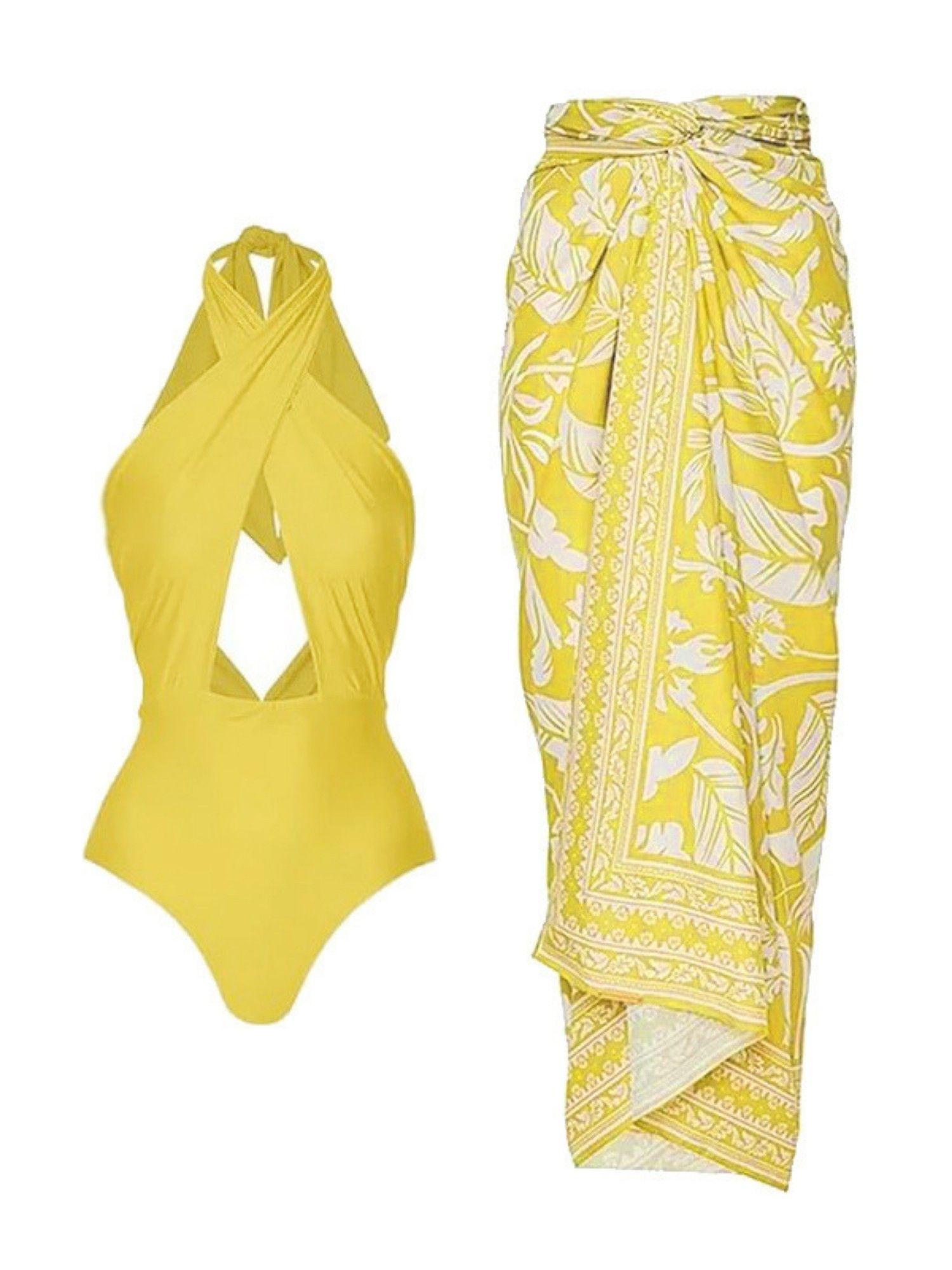 yellow plunge neck monokini (set of 2)