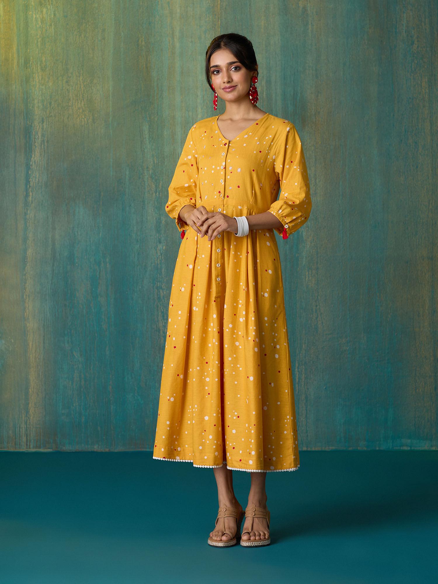 yellow polka dot printed cotton flex dress likdrs70