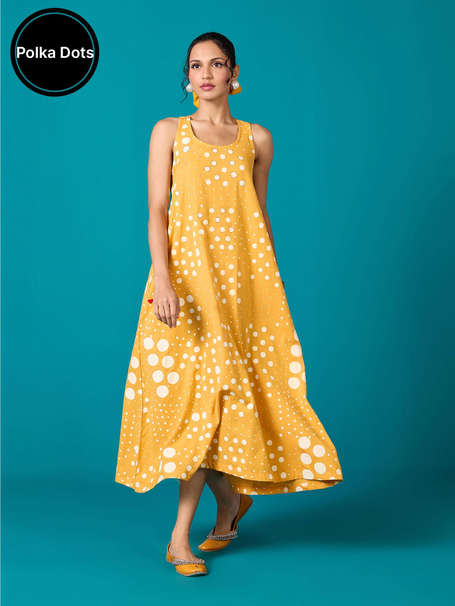 yellow polka dot printed cotton flex flared dress likdrs72