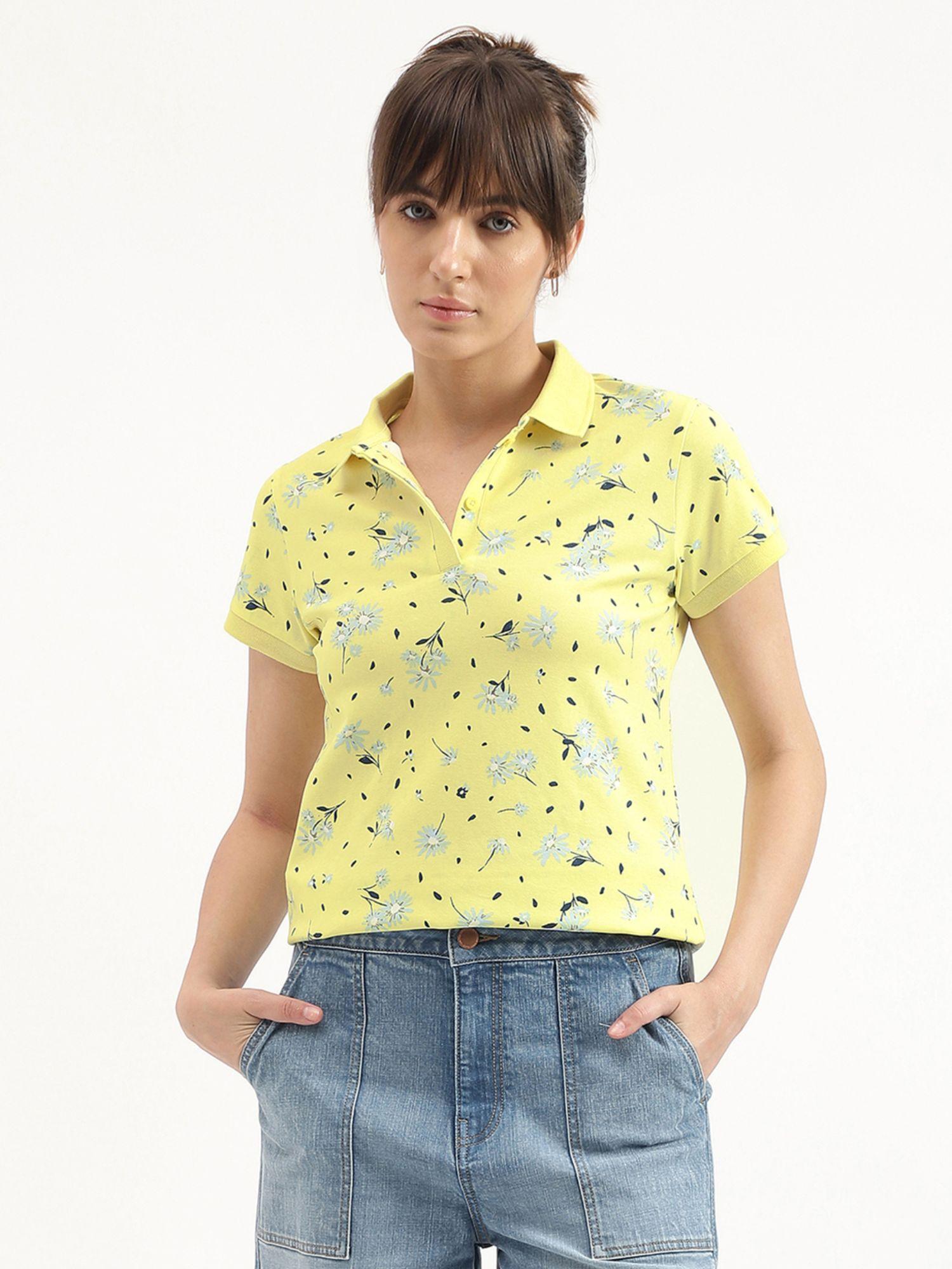 yellow polo neck floral print t-shirt