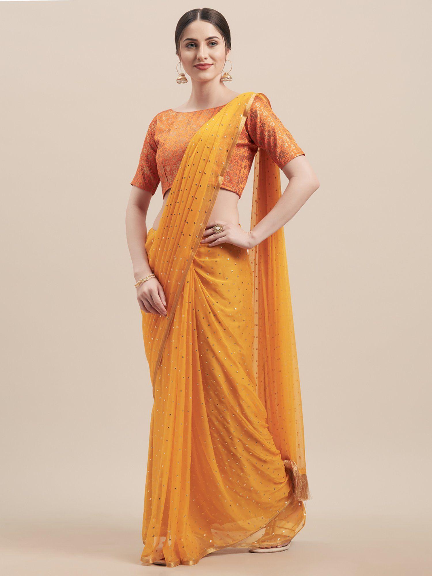 yellow poly georgette women saree with mukaish embellished work with unstitched blouse