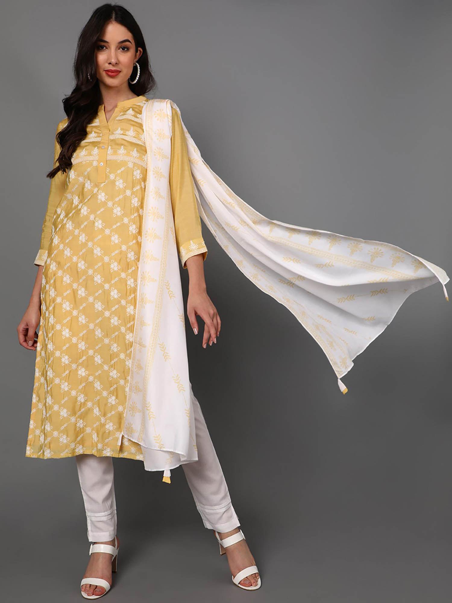 yellow poly silk ethnic motifs embroidered kurta pants with dupatta (set of 3)